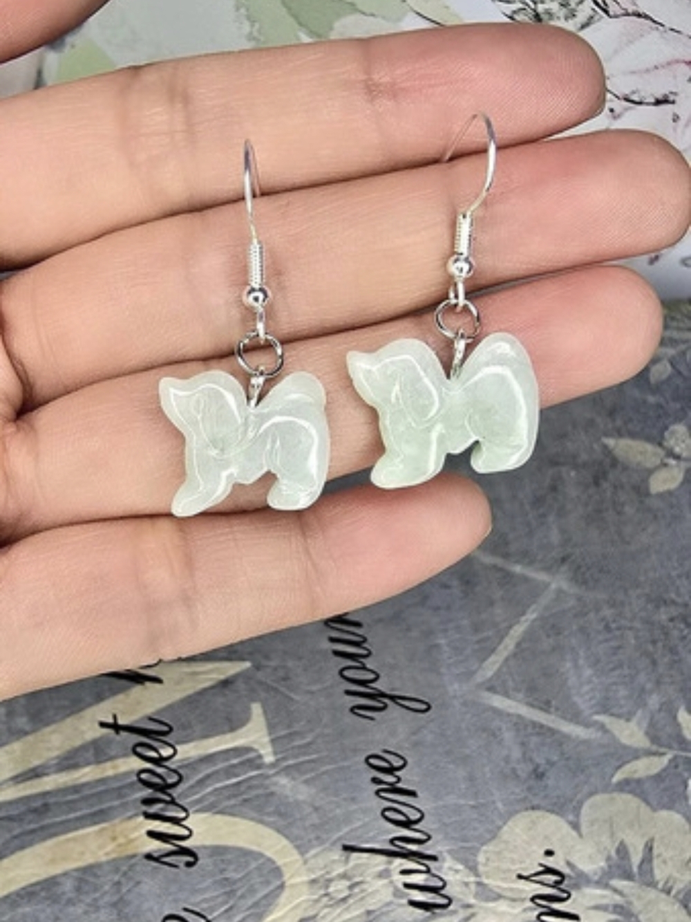 Dog Lover Natural Apple Green Jade Dog Dangling Earrings, Gold Tone
